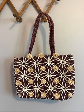 Vintage  Straw Raffia Pinwheel Marguerite Flower Shoulder Bag Brown Cream